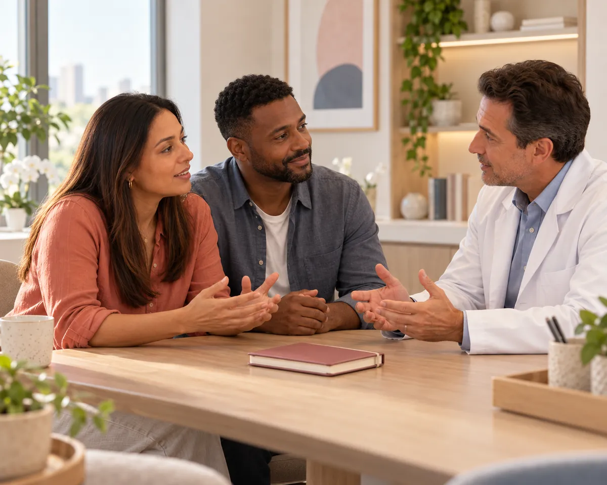 Casal conversa com o médico no consultório, com um caderno sobre a mesa.